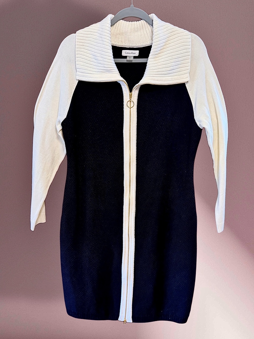 Calvin Klein Black and Ivory Zip-Front Long Sleeve Knit Dress size XL